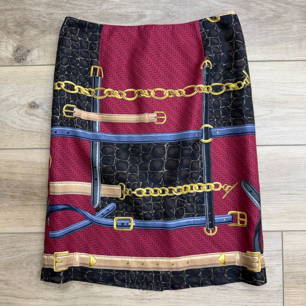 CARLISLE Silk Blend Pencil Skirt Chain Belt Print Old Money Academia Equestrian
